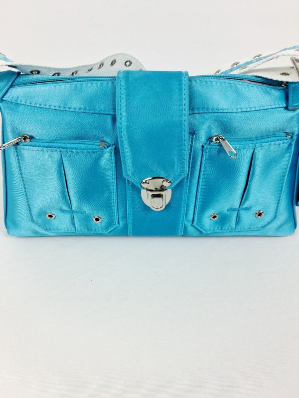 Blue Metallic Shoulder Bag White Grommet Strap & Multiple Zipper Pockets - Picture 5 of 13